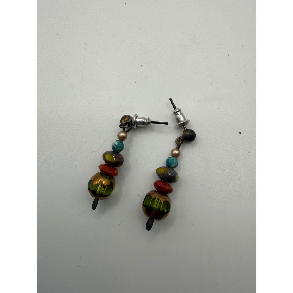 Boho Multi Color Stacked Bead Dangle Drop Earrings Glass Stone Artisan Style
